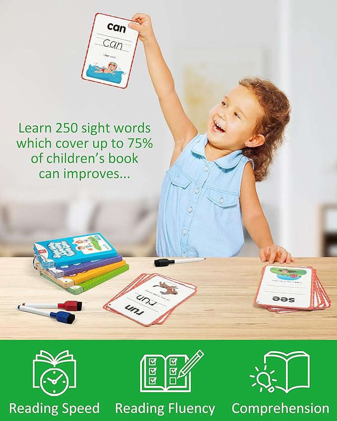 Coogam Sight Words Kids Learning Flash Cards, 250 Dolch Word Game Reading Vocabulary Card Montessori Toy for Kindergarten Preschool 3 4 5 Years Old Toddlers