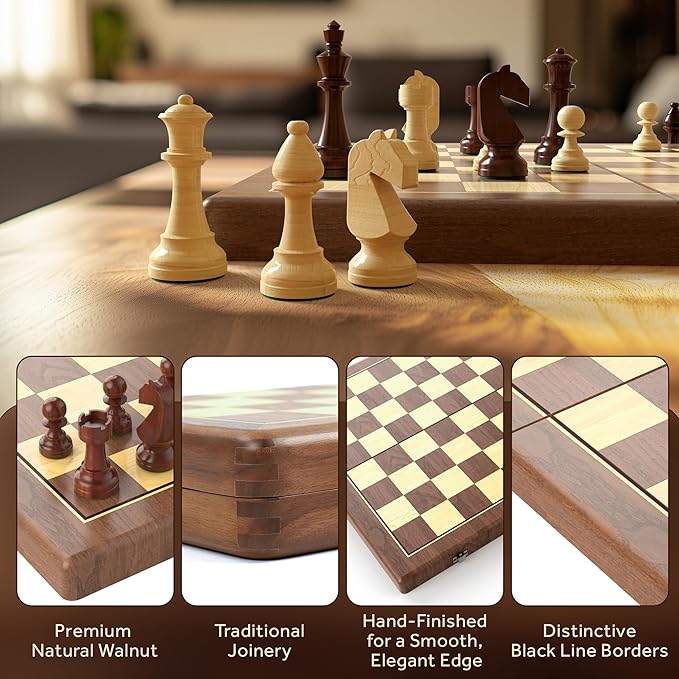Premium 38 cm Walnut Magnetic Chess and Checkers Set - 2-in-1 Foldable Wooden Board Game with Staunton Figures, 2 Extra Ladies, Tiles and Dust Bag (Black)