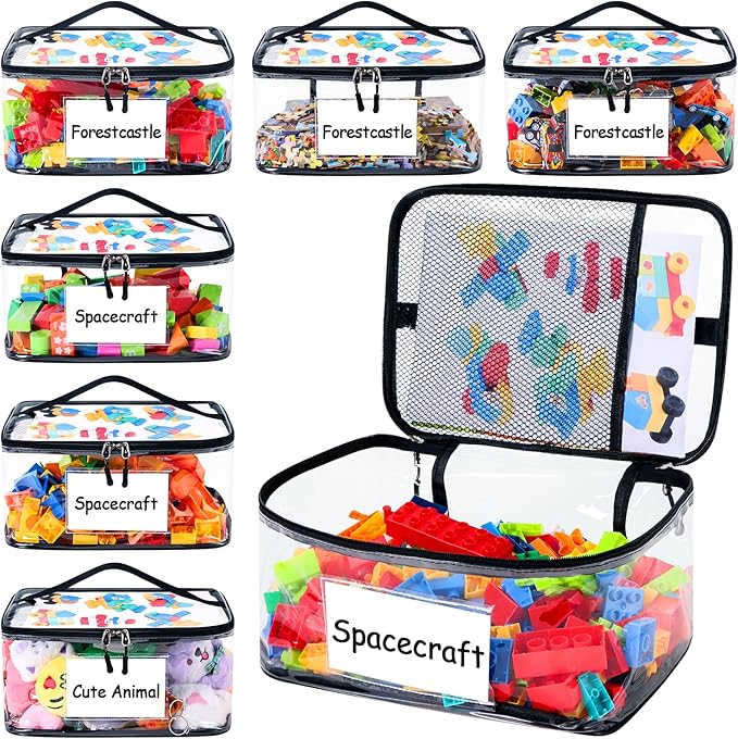 Upgraded 6 Pack Clear Toy Storage Bag - with Name Tag & Manual Pocket, Transparent PVC Toy Organizer Case with Zipper for Board Game, Building Blocks, Puzzles, Large Capacity for Kids Ages 6+ (Black)