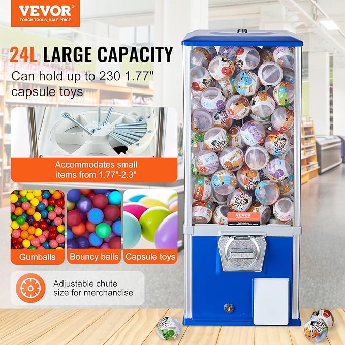 VEVOR Gumball Machine for Kids, 25" Height Home Vending Machine, PS Bouncy Balls Dispenser, Hold 230 Capsule Toys, Rectangle Bubble Gum Machine for Game Stores, Coin Operated Gumball Bank, Blue