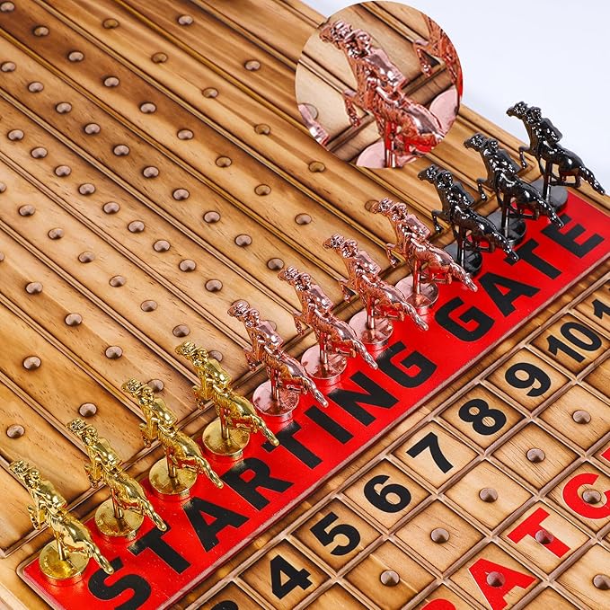 Large 21 inches Horse Racing Board Game with 11 Luxury Metal Horses Thickened Wood Horse Race Game Board with 2 Sets of Dice,2 Boxes of Cards and 100 Poker Chips for Parties and Gambling