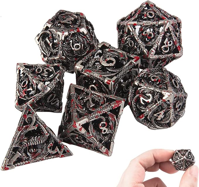 DND Dice Hollow D&D Metal Dice Dungeons and Dragons Dice Set with Gift Box 7 PCs Steampunk Polyhedral Dice Games Set for RPG,MTG,Pathfinder,(Dragon Blood Spattered)