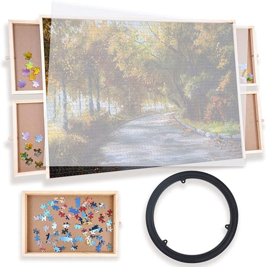 WOOD CITY Puzzle Board, 1000 Piece Wooden Jigsaw Puzzle Board with Drawers, 30” x 22” Portable Puzzle Table with Covers and Lazy Susan, Rotating Jigsaw Puzzle Table for Kids and Adults