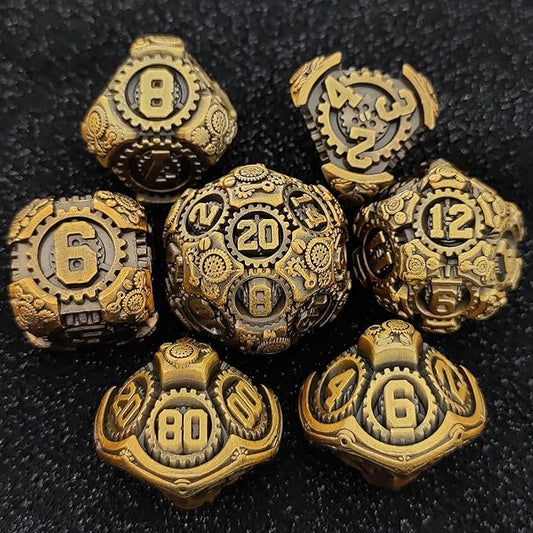 Geakeeper Construct D&D Dice, Metal DND Dice Set, 7Pcs Polyhedral Dragon Metallic D&D Dice with Gift Case for Dungeons and Dragon Game, RPG Role Playing Table Game Gifts (Ancient Gold)