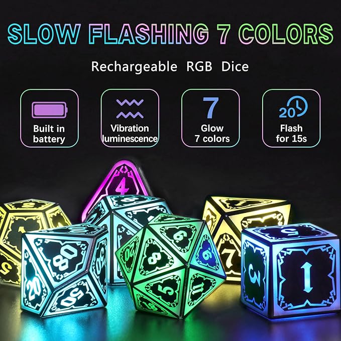 Wireless Light Up Dice Set D and D RGB for Dungeons and Dragons,Cool LED DND Dice with Charging Box Rechargeable 7 Color Polyhedral Role Playing Dice for DND Gifts RPG(Astral Shard Black)