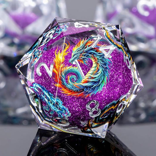 Dragon Pattern Liquid Core DND Dice Set, 7Pcs Sharp Edge D&D Dice with Gift Box, Resin Purple Dungeons Dragons D and D Role Playing Dice D20 D12 D10 D8 D6 D4