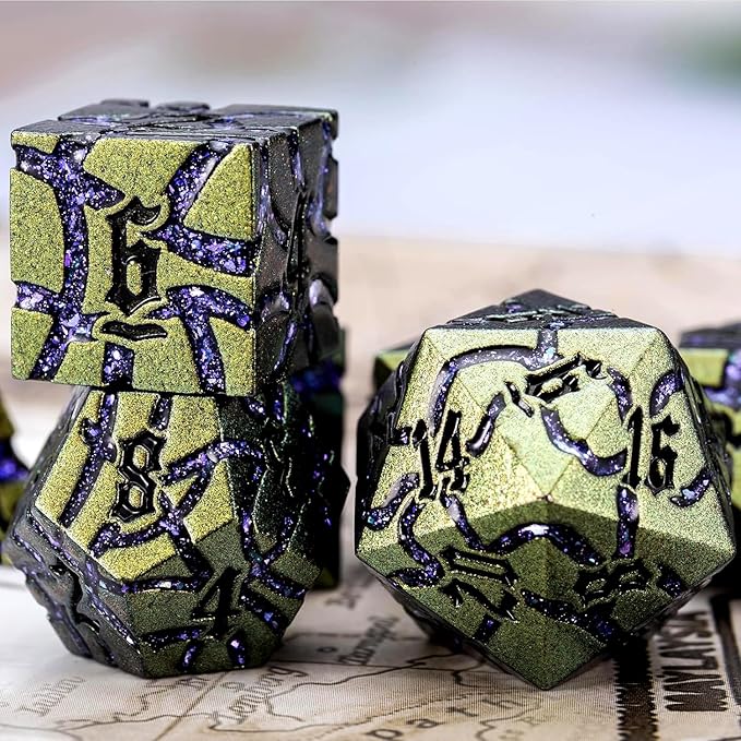 Dice Set D&D Metal,DND Metallic Glitter Crack Dice with Gift Box for RPG Board Games (Greenish Yellow Color + Purple)