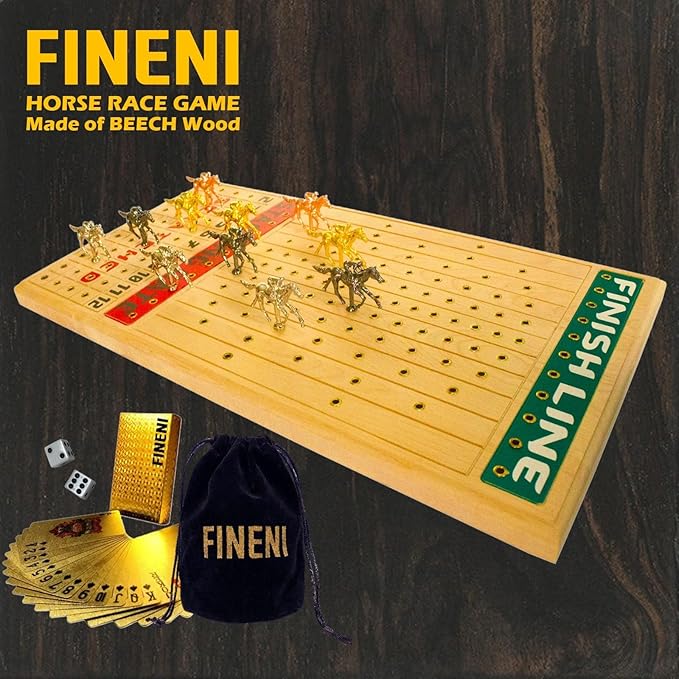 Horse Racing Game for Adults, Horse Race Board Game with 11 Luxurious Metal Horses (Gold, Silver, Black, Rose Gold), 22” Beech Wood Horse Race Game Board, Dice & Golden Card Included (Beech)