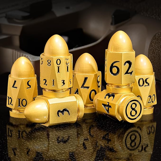 Bullet Dice Set,DND Dice for Dungeons and Dragons,Metal Dice Polyhedral D&D Dice for Warhammer 40K (Pearl Gold BlackNumber)