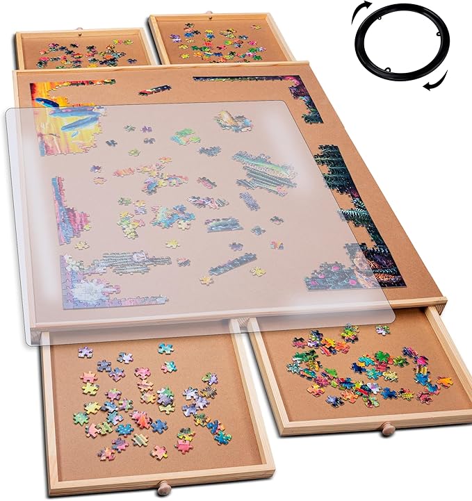PlayVibe 1000 Piece Rotating Puzzle Board with Drawers and Cover - Sturdy Jigsaw Puzzle Table with 4 Drawers 22” x 30" - Portable Puzzles Boards with Lazy Susan, Wooden, Spinning Puzzles Accessories