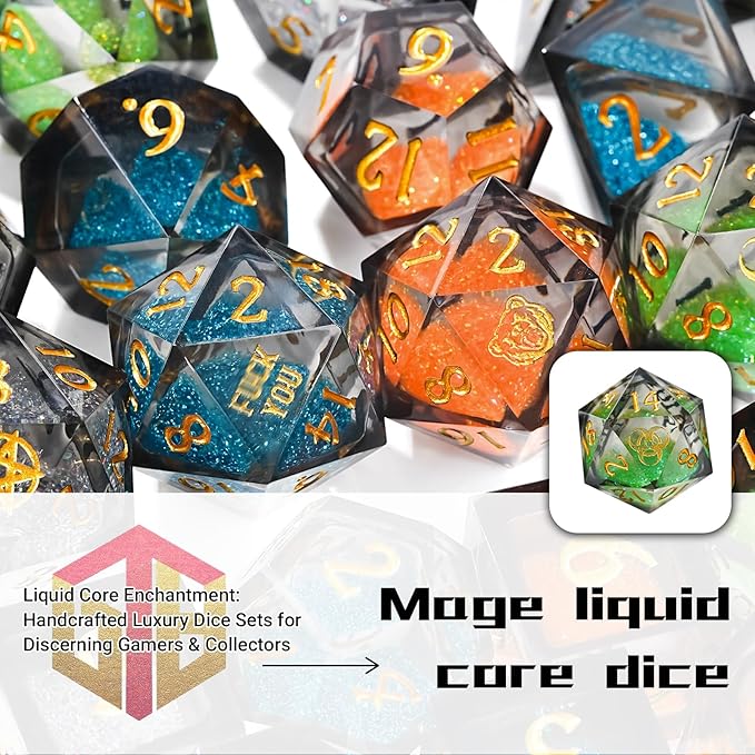 DND Dice Set - Handcrafted Liquid Core Sharp Edge 7-Die Resin Dice with Colorful Quicksand Effect,for DND, RPG, MTG, Tabletop Games(PLRGUE EUXRR)