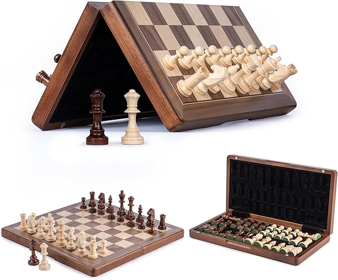 15 Inches Magnetic Wooden Chess Set, Portable Travel Chess with Magnetic Lock, Handmade 3 Inches King Height Knight Staunton Chess Pieces with 2 Extra Queen, Folding Chess Board for Adults