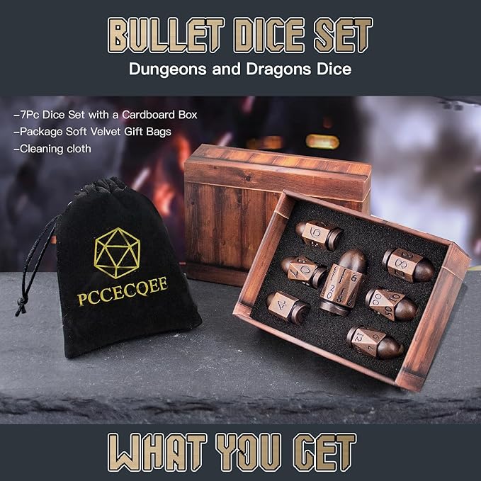 Bullet Dice PCCECQEE,Metal DND Dice Set of 7 Piece,Large D20 Dice Polyhedral Role Playing for Dungeons and Dragons MTG RPG Board Games (Copper)