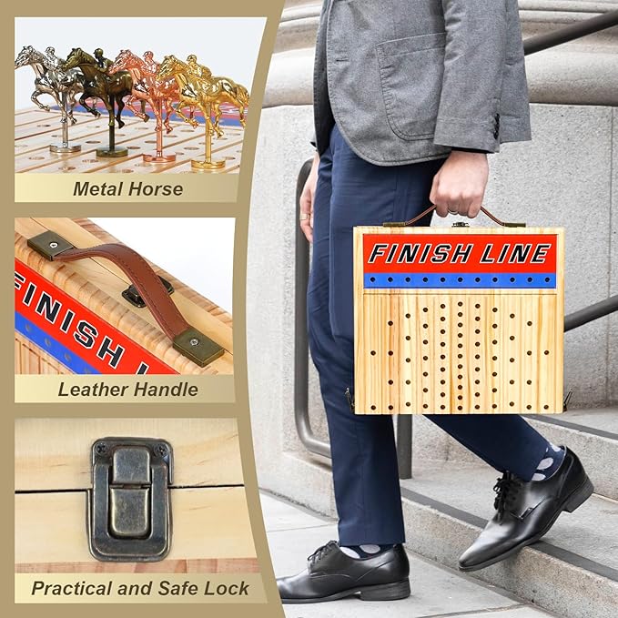 21 Inch Horse Racing Game, 11 Luxury Metal Horses, Thickened Wood Chessboard, Chips, Cards & Dice, Classic Wooden Table Top Board Game for Adults & Family