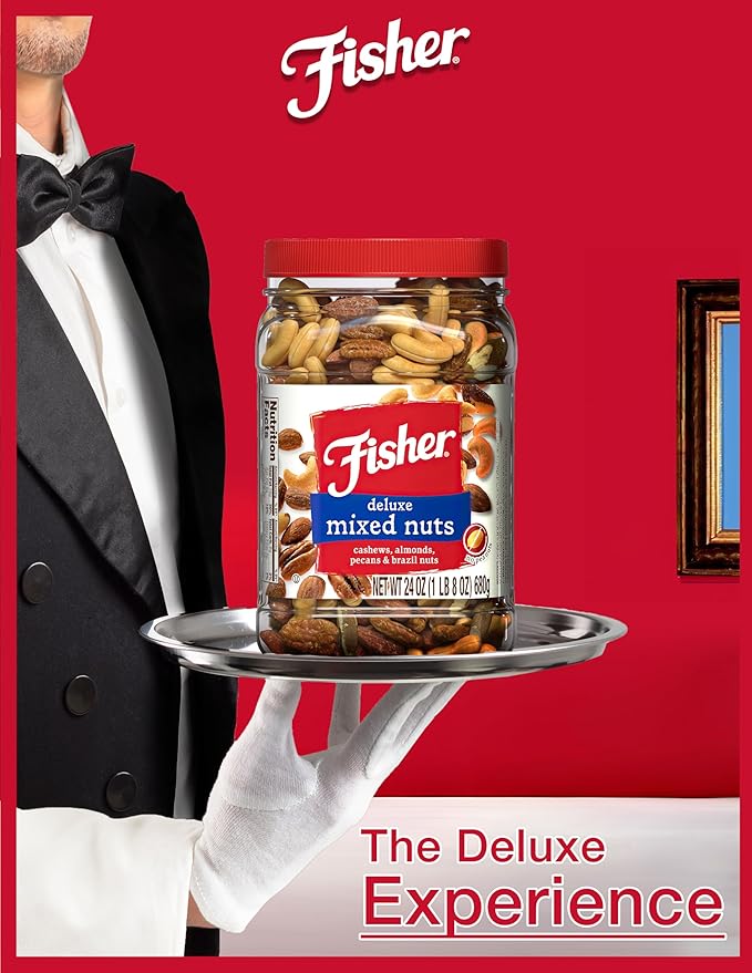 Fisher Snack Deluxe Mixed Nuts, 24 Ounces, Cashews, Almonds, Pecans, Brazil Nuts, 100% Recyclable, Healthy Snacks for Adults