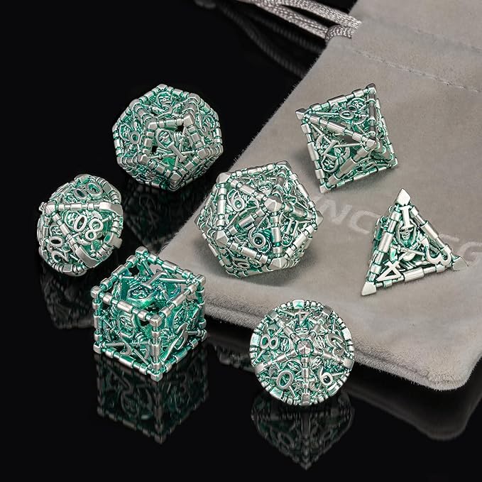DND Hollow Polyhedral Dice Set, Metal Green White Grim Reaper of 7 Piece Role Playing Dice, for Dungeons and Dragon Dice or RPG MTG Table Game(Green and White)
