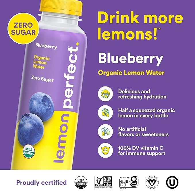 Lemon Perfect Blueberry, Flavored Lemon Water, Organic, Zero Sugar, Healthy Hydration Drinks, 15.2 fl oz Bottles (12-Pack)