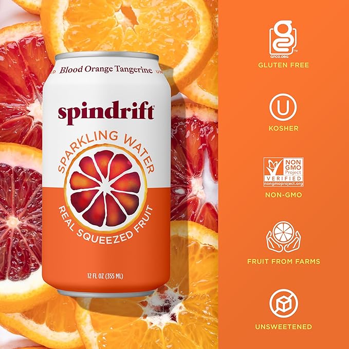 Spindrift Sparkling Water, Blood Orange Tangerine Flavored, Made with Real Squeezed Fruit, 12 Fl Oz Cans, Pack of 24 (Only 12 Calories per Can)