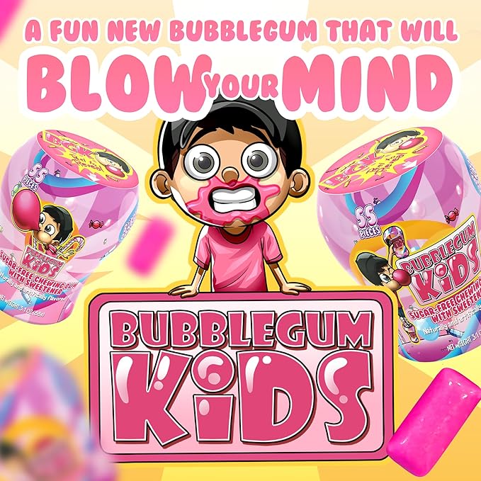 Bubblegum Kids Sugar-Free Gum - Classic Bubblegum Flavor Sugar Free - Bubble Gum for Kids and Adults Craving Nostalgia - Vegan and Kosher Friendly, Parent Approved - Pack of 6