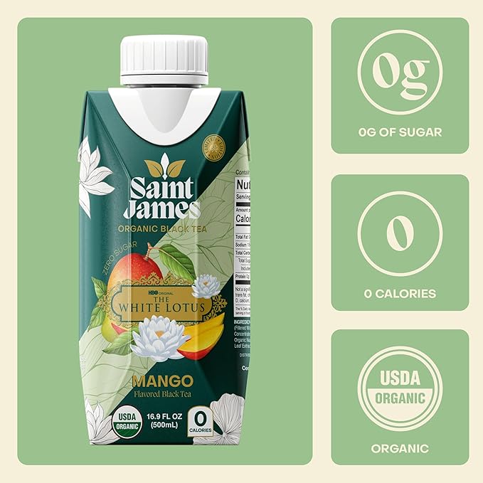 Saint James Iced Tea x The White Lotus Limited Edition - Organic Black Tea - Non-GMO, Gluten Free, Zero Calorie, Zero Sugar - Mango, 12 Pack (16.9 fl oz each)