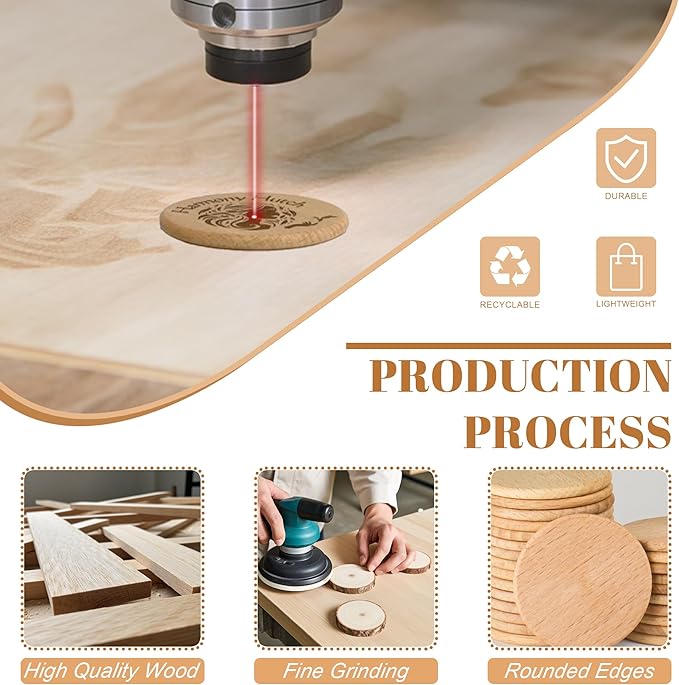 30-1000 Custom Wooden Tokens, 1.5 Inch Personalized Drink Tokens, Engraved with Your Logo/Text or Image on a Wood Chip, Good for Bar, Party, Weddings, Corporate Events, Promotions