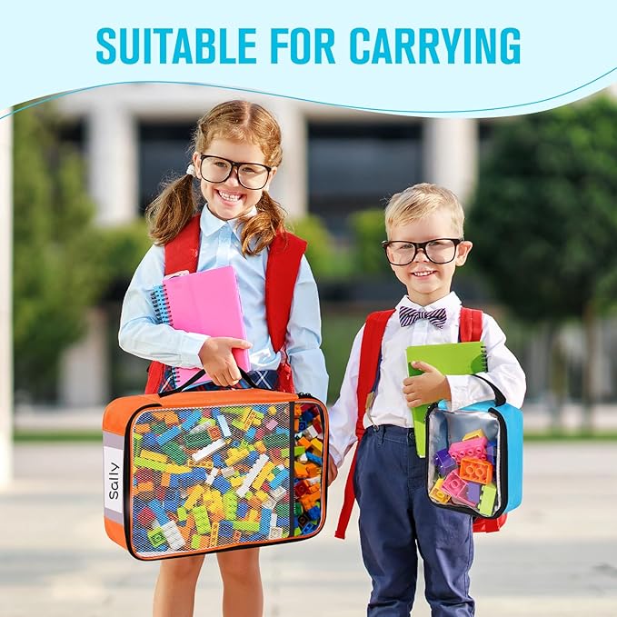 6 Pack Toy Storage Bags, Reusable Board Game Storage Bag with Visible Top, Label Slot, Manual Pocket&Handle, Travel Organizer Case for Bricks, Building Blocks, Puzzle, Car Toys, 3 Different Size