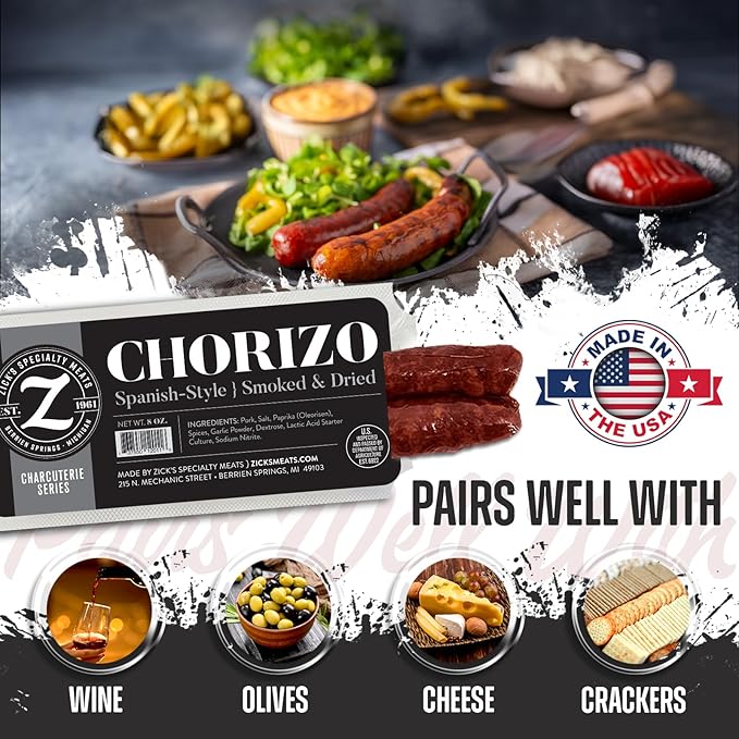 Zick’s Specialty Meats Spanish Chorizo Sausage (8oz) | Healthy & Organic Spanish Chorizo | Premium Naturally Cured Charcuterie Meat Series | Smoked & Dried Sausage | Gourmet Food | High-Protein Snack