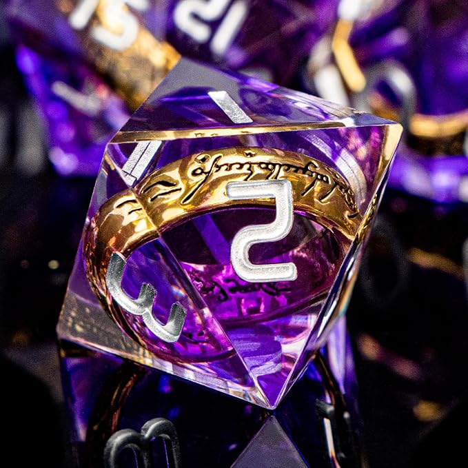 Magic Golden Ring DND Dice Set with Box, Purple Sharp Edge Handmade Lord D and D Polyhedral Dice for use with D&D Tabletop Games RPG, D20 D12 D10 D8 D6 D4