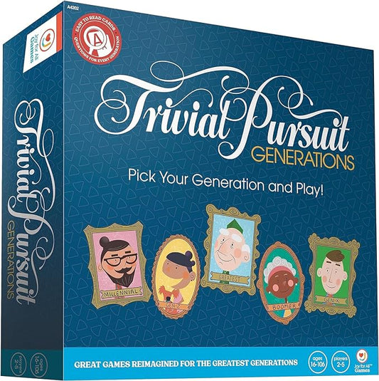 Joy for All Trivial Pursuit Generations - Trivia for Seniors - Cognitive Thinking Game - Big Easy to Read Cards for Low Vision - Fill-in-the-Blank Trivia Cards - Memory Board Game Activity for Elderly