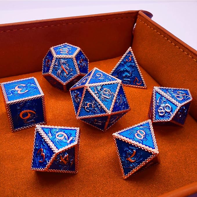 HAOMEJA Dungeons and Dragons Dice Metal Dragons Dice Set DND D&D Dice RPG Games (Glitter Red Copper Blue)