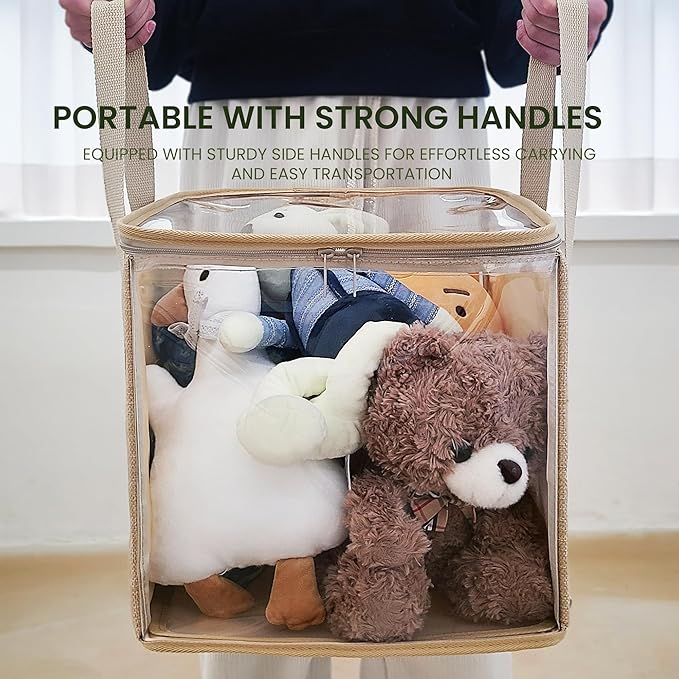 holay 2 Pack Storage Bins PVC Boxes with Transparent Lid & Handles - Durable & Foldable - Multi-Purpose Organizer for Clothes, Books, and More (Brown, Large)