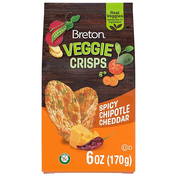 Breton Veggie Crisps Spicy Chipotle Cheddar (Pack of 12) - Popped not Fried Crisps, Made with Real Vegetables, Light and Crispy Gluten Free Chips, Snacks for School, Lunch Box and More, 12x6oz