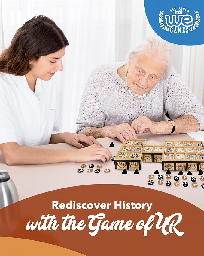 WE Games Royal Game of UR - Ancient Strategy Two-Player Board Game with 13.5” x 5.5” Wood Board & Storage Drawers, Ideal for History Enthusiasts