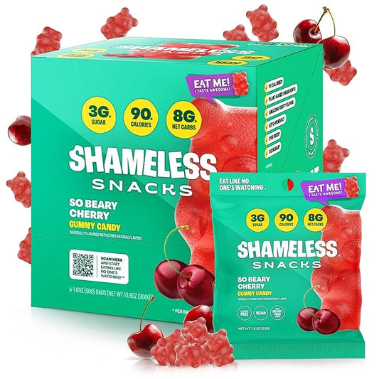 Shameless Snacks - Healthy Low Calorie Snacks, Low Carb Keto Gummies (Gluten Free Candy) - 6 Pack So Beary Cherry