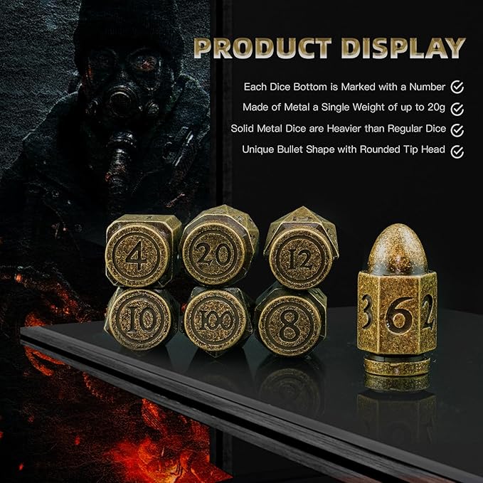 Bullet Dice Set - Metal Polyhedral Dice for Dungeons and Dragons, Warhammer, or Crime Theme Role Playing Games (Bronze)