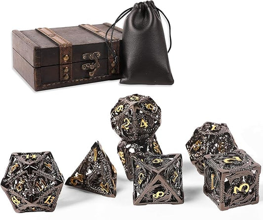 AncientDeer DND Dice Set 7 Pieces D&D Pure Copper Hollow Polyhedral DND Dice W/Gift Box & Dice Bag for DND RPG Explorers Savage World and Table DND Dungeons and Dragons Role Playing