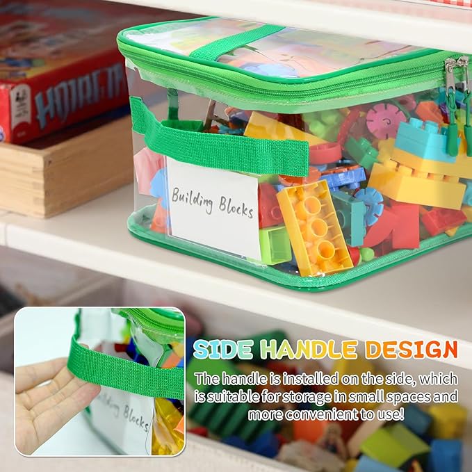 8 Pack Clear Toy Storage Bags, Extra Large Capacity Transparent Waterproof PVC Toy Organizing Bags with Name Tag and Manual Pocket for Building Blocks Board Games, Puzzle, Kids Books (Color)