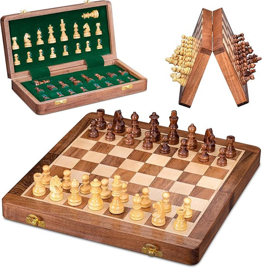 INTAJ Magnetic Wooden Chess Set – 10 Inch Folding Travel Chess Board for Adults and Kids | Handcrafted Acacia Wood Game with Storage Compartment | Decorative Medium Chess Set for Gift and Learning