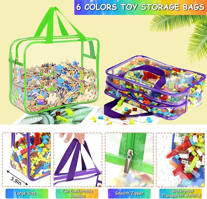 6 Packs Large Toy Storage Bags with Labels, Reusable Clear PVC Board Game Storage, Travel Waterproof Organizer Bags with Zipper for Building Blocks, Puzzle, Kids Books(6 Colors)