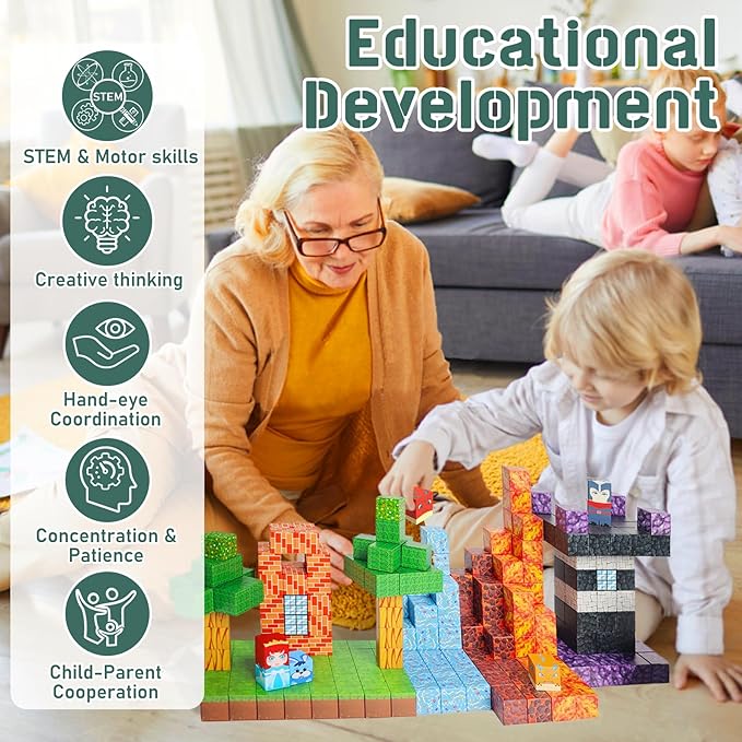 Magnetic Blocks -Adventure at Lava World Blocks Set - Magnetic Cubes Building Blocks Toys for Halloween Christmas Birthday Gift - STEM Sensory Toys for 3+ Years Old Girl Boys