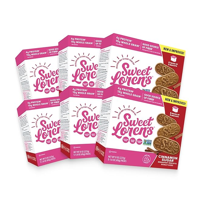 Sweet Loren's Vegan Breakfast Biscuits | Cinnamon Sugar | 4g Protein, 19g Whole Grains | Plant Based, Gluten Free, Dairy Free, Nut Free Snacks | 6 Pack (30 Total Biscuits, 1.6 ounce each)