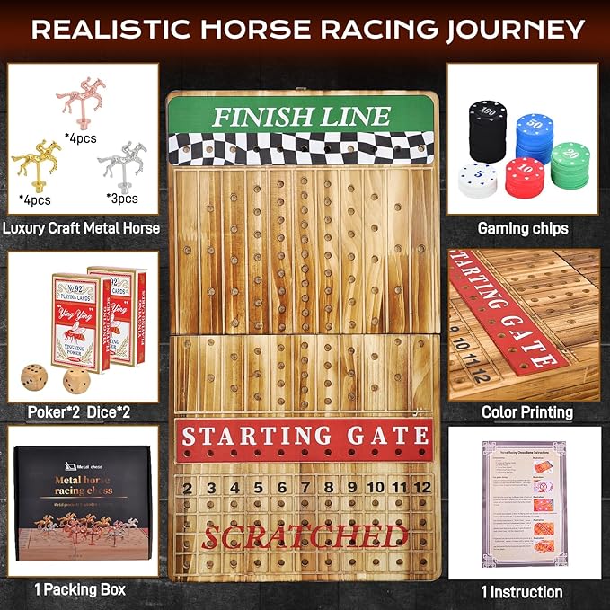 MerryPony 21 Inches Large Horse Racing Game with 11 Metal Horses, Foldable Solid Wood Horse Race Board Game with 100 Pcs Poker Chips 2 Dice and 2 Pack of Cards for Family Friends Camping Party