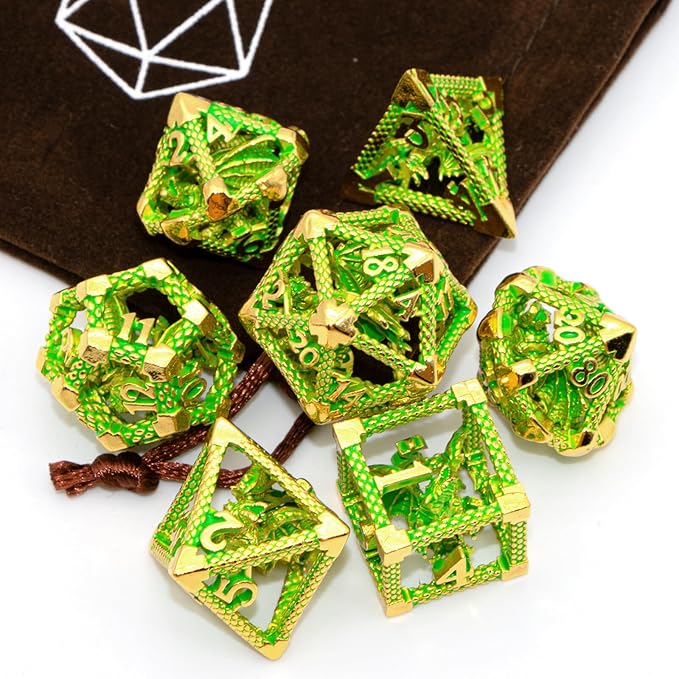 DND Dice,HNCCESG Metal D&D Dice of 7pc,Dungeons and Dragons Dice Set Polyhedral Dice Role Playing Dice Set Hollow Dice Gaming D D Gift for Table Game RPG Shadowrun (Gilt Green)
