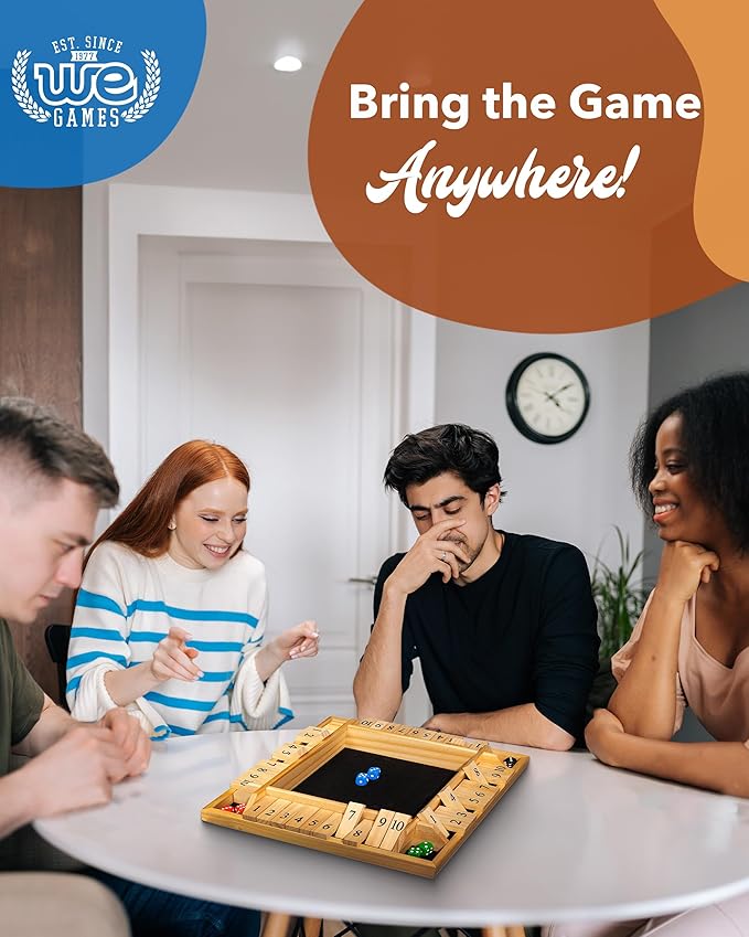 WE Games Wooden Shut The Box Game 4 Player - 10 Number Tiles & 8 Dice - Large 14-Inch, Natural Wood Finish