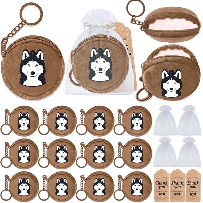 36 Pack Husky Change Purses Set Include 12 Husky Wallets with Keyrings,12 Thank You Tags and 12 Organza Bags for Dog Themed Pet Party Lets Pawty Baby Shower Birthday Decoration,Brown