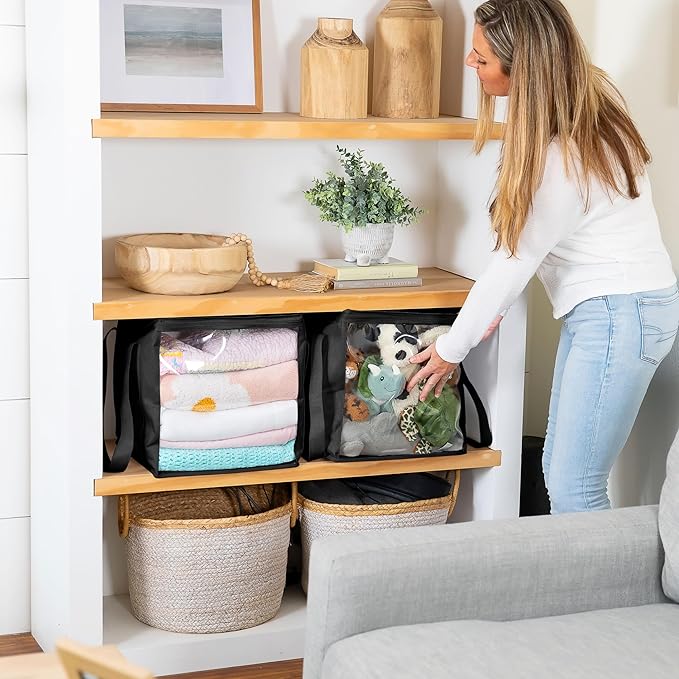 2 Piece Extra Large Toy Storage Clear Bags with Zipper 14"x14"x14" Clear Plastic Bins with Handle, Toy Organizer for Kids playroom, Blocks, Clothes, Stuffed Animal Storage