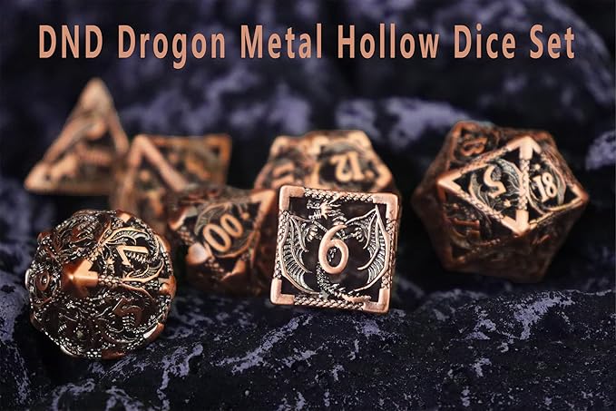 Metal DND Dice Set Dungeons and Dragon Dice Set Hollow Dragon Polyhedral Magic 7 PCS Dice Set with Gift Metal Box for Dungeons and Dragons Table Games Play Cards MTG(Dragon_Ancient Red Copper)