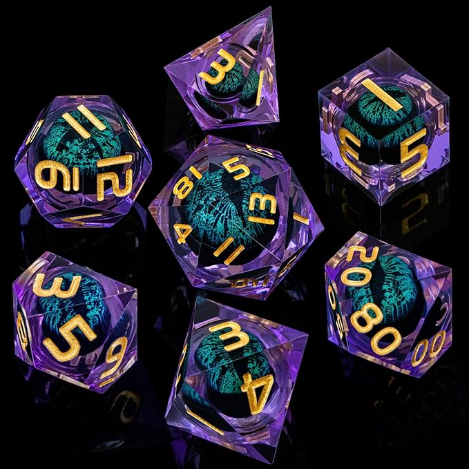 ARUOHHA Dragon Eye DND Dice, Purple Green Resin Sharp Edged Dice Set RPG Role Playing Game, Liquid Core Polyhedral D and D Dice Set D20 D12 D10 D8 D6 D4