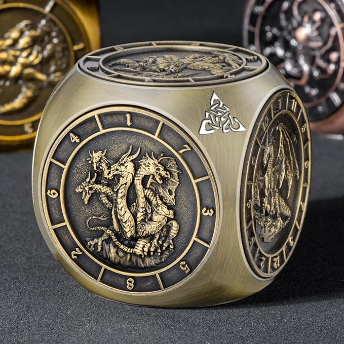 7 in 1 Spinner DND Dice Set D&D, Metal D and D Dice with Gift Box, Dungeons Dragons Role Playing Dice, Bronze