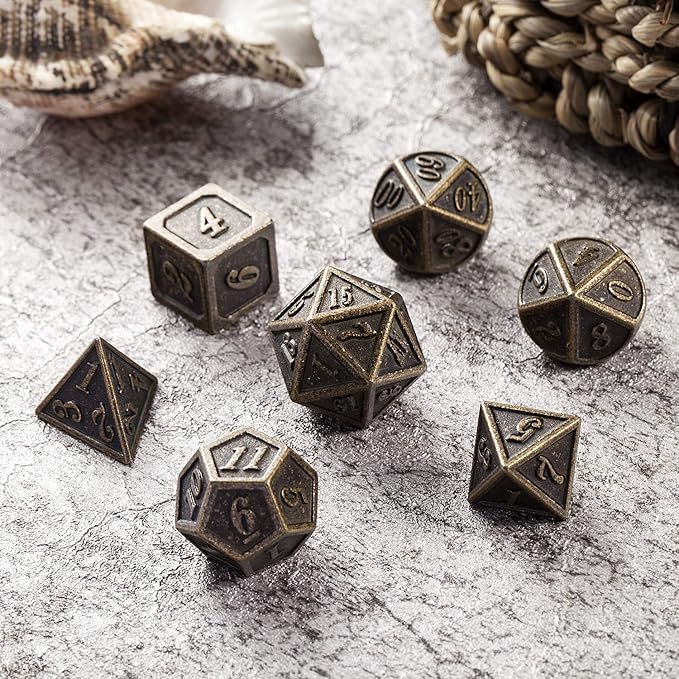 DnDnD Ancient Design Dice, 7PCS Brass DND Metal Dice with Metal Box for Table Games Dungeons and Dragons D&D